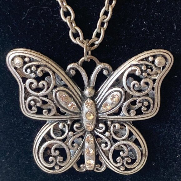 Opera Necklace Silver Tone Chain Butterfly Pendant 28 in - Picture 7 of 7